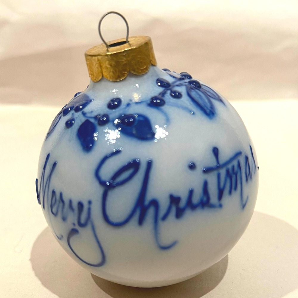 Salmon Falls Stoneware Blueberry Vine Merry Christmas Ball Ornament Cobalt Blue